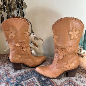 MIA Floral Stud Whipstitched Tan Leather Boho Western Boots